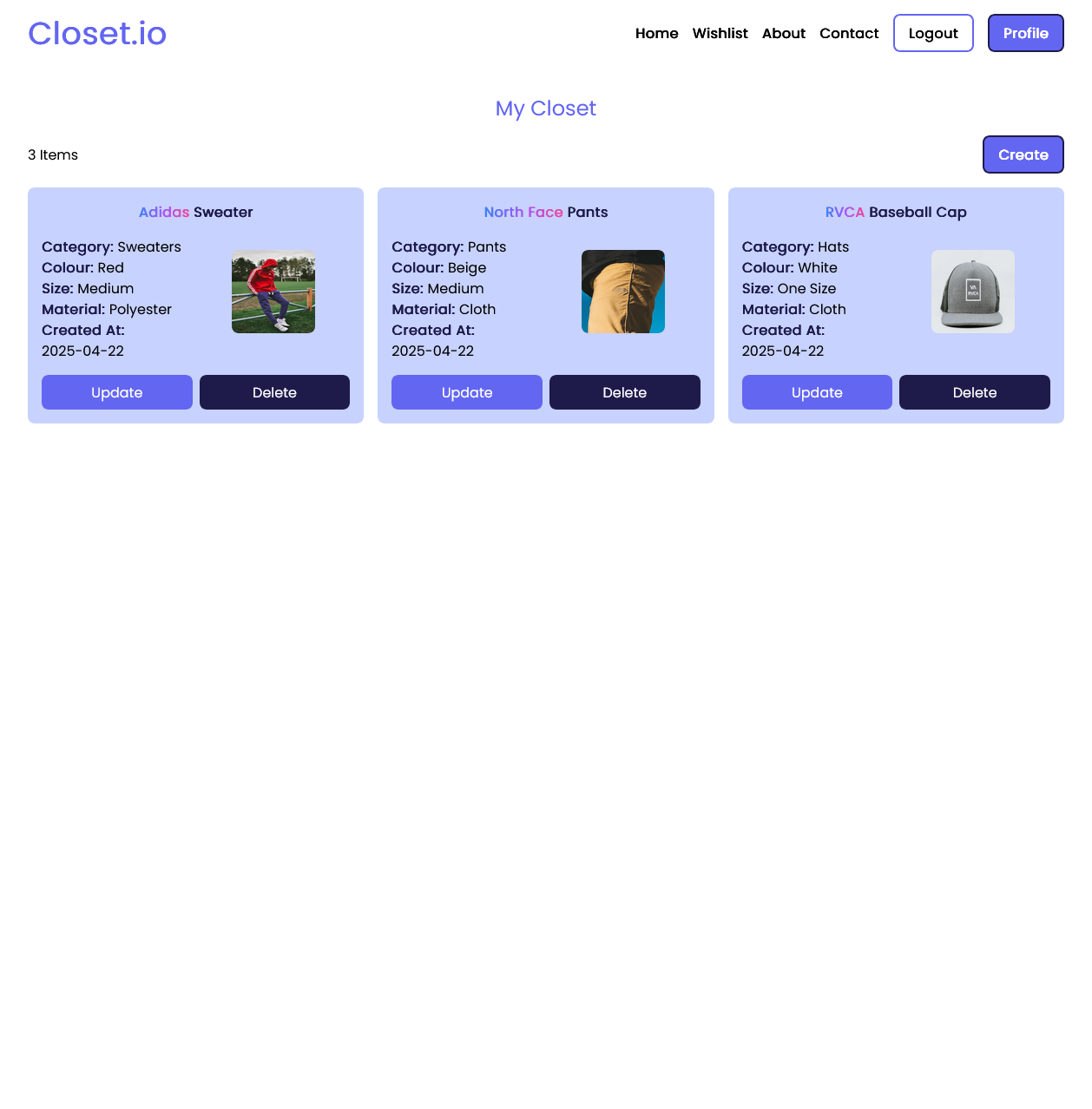 Closet Application Screenshot